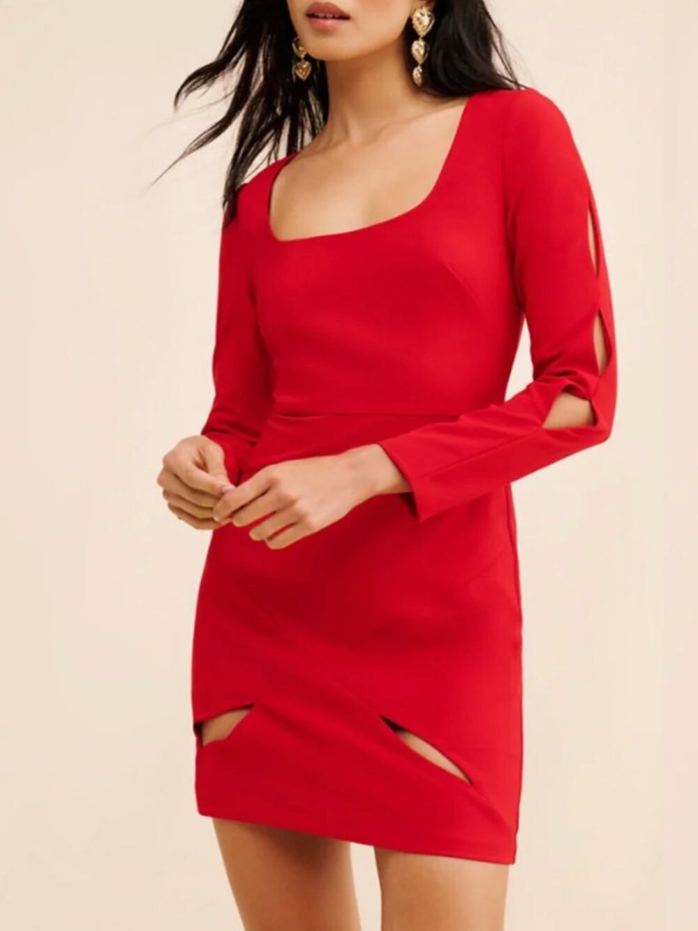 LIV FOSTER Red Long Sleeve Square Neck Cut Out Mini Dress sz 12